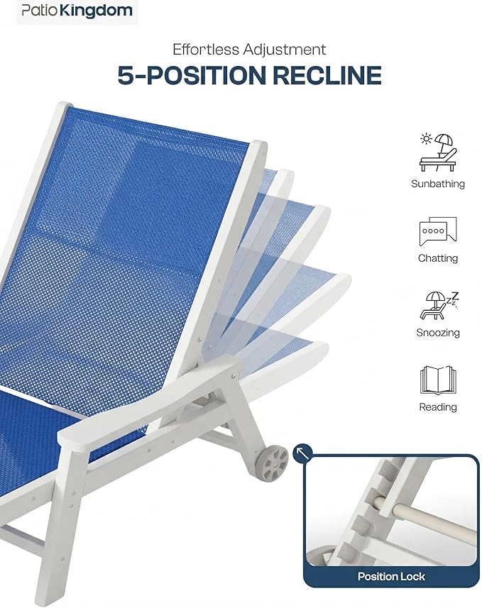 Patio Chaise Lounge Chair with Wheels & Cup Holder, HDPE Textilene Outdoor Lounge Chair 5 Positions Adjustable for Poolside Deck Patio Backyard (2, White Frame, Royal Blue Textilene)