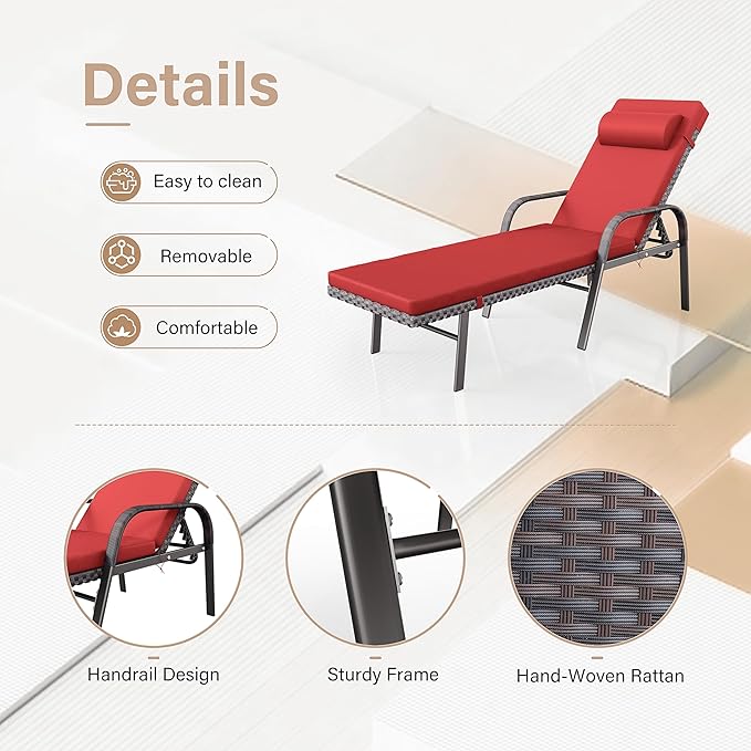 Kurapika Patio Chaise Lounge Set 3 Pieces Outdoor Lounge Chair, Rattan Reclining Chair Adjustable Backrest, Pool Sunbathing Recliners with Folding Table for Poolside Beach, Red