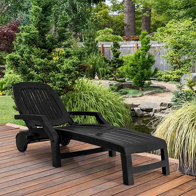 Tangkula Outdoor Chaise Lounge Chair, 5-Position Adjustable Recliner with Storage Box and Flexible Wheels, All-Weather Folding Patio Lounge Chair for Poolside, Beach and Backyard (1, Black)