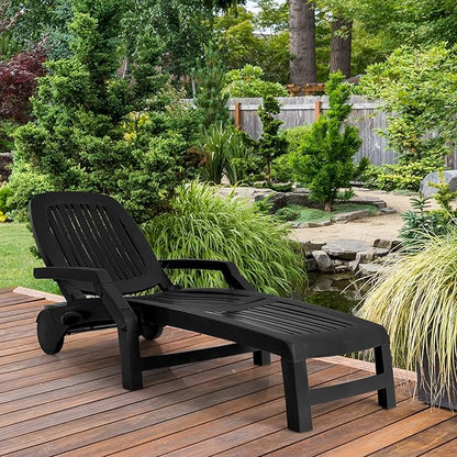 Tangkula Outdoor Chaise Lounge Chair, 5-Position Adjustable Recliner with Storage Box and Flexible Wheels, All-Weather Folding Patio Lounge Chair for Poolside, Beach and Backyard (1, Black)
