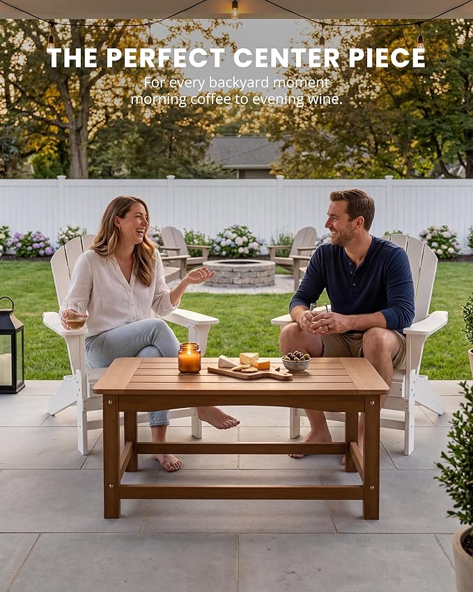 Outdoor Coffee Table for Patio, 35 Inch Rectangle Patio Coffee Table, Teak All-Weather Poly Lumber Small Outdoor Table, 250 lb Capacity for Deck Porch Balcony Garden Poolside