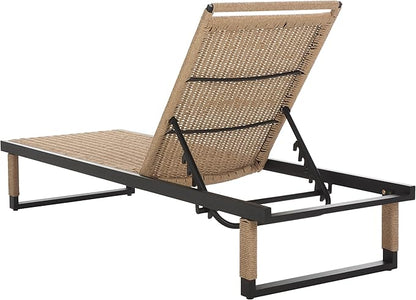 SAFAVIEH Outdoor Patio Furniture Collection - Arman Black Metal & Heather Tan Rope Chaise Lounge Chair, 6 Reclining Positions, No Cushion (PAT7548A)