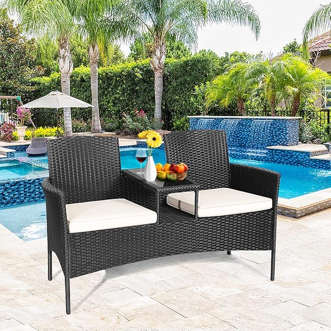 Outdoor Loveseat, 2 Seats Chair with Table, Cushions, Tempered Glass Tabletop, Wicker Patio Conversation Furniture Set - Photo 7