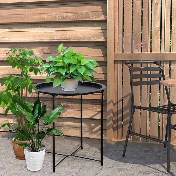 Garden 4 you End Table Metal Side Table Black Round Folding Tray Cyan Sofa Small Accent Fold-able Table, Round End Table Tray, Next to Sofa Table, Snack Table for Living Room and Bed Room