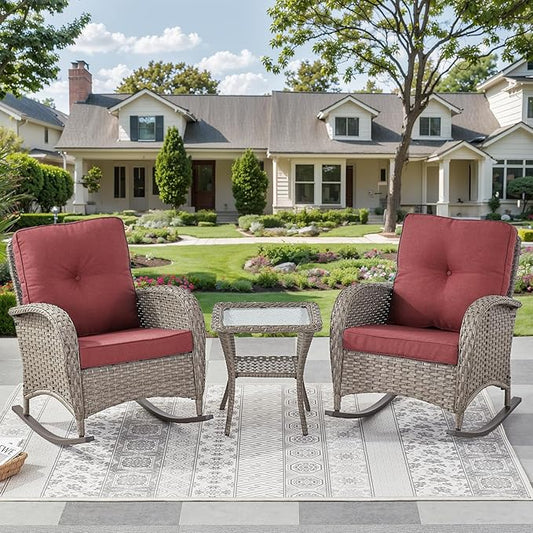 Outdoor Rocking Chairs Set of 2-Patio Table and Chairs Set Outdoor Conversation Furniture Sets for Deck Porch Garden Balcony Poolside-Grey/Red