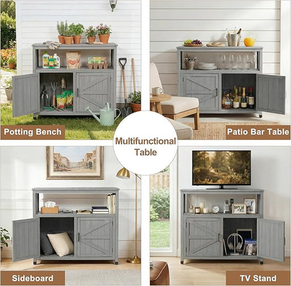 Mederlo Wooden Patio Bar Table Set with Storage, Buffet Cabinet Sideboard for Outdoor and Indoor