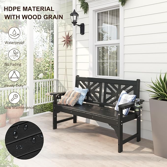 nalone Outdoor Bench with Cup Holders, HDPE All Weather Porch Bench Load up to 800 Lbs, 2-Person Garden Benches Rot-Proof Fade Proof for Patio, Porch, and Park (Black)