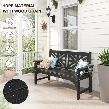 nalone Outdoor Bench with Cup Holders, HDPE All Weather Porch Bench Load up to 800 Lbs, 2-Person Garden Benches Rot-Proof Fade Proof for Patio, Porch, and Park (Black)