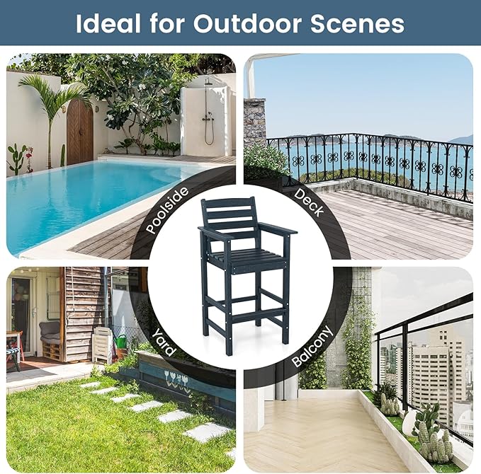 Giantex 29” Bar Stools Set of 4, HDPE Barstools w/Back, Armrests & Footrests, Max Load 330Lbs, Counter Height Bar Stools, Adirondack Chair for Patio Balcony Outdoor Bistro Set, Navy