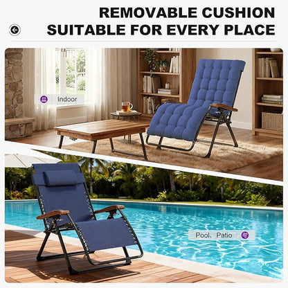 PURPLE LEAF Extra Wide Outdoor Reclining Chair Set of 2 Patio Zero Gravity Chaise Lounge Folding Chair with Removable Cushion Adjustable Headrest for Lawn Camping Beach Pool Navy Blue