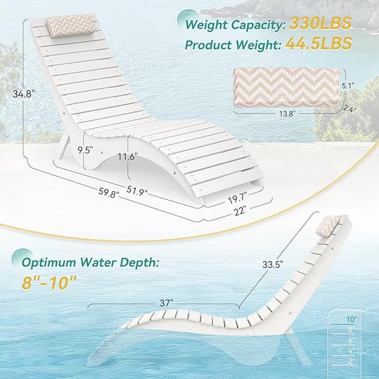 Pool Lounge Chairs - Anti-Floating HDPS Design for Pools & Backyard Sun Decks, Weighted Pool Chairs and Lounges for Poolside or Outside, Includes Headrest, White