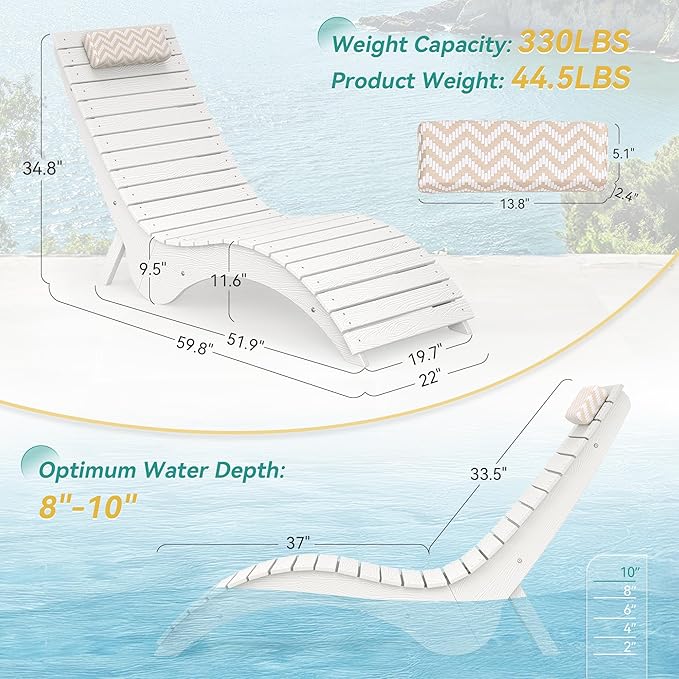 Pool Lounge Chairs Set of 4 - Anti-Floating HDPS Design for Pools & Backyard Sun Decks, Weighted Pool Chairs and Lounges for Poolside or Outside, Includes Headrest, White