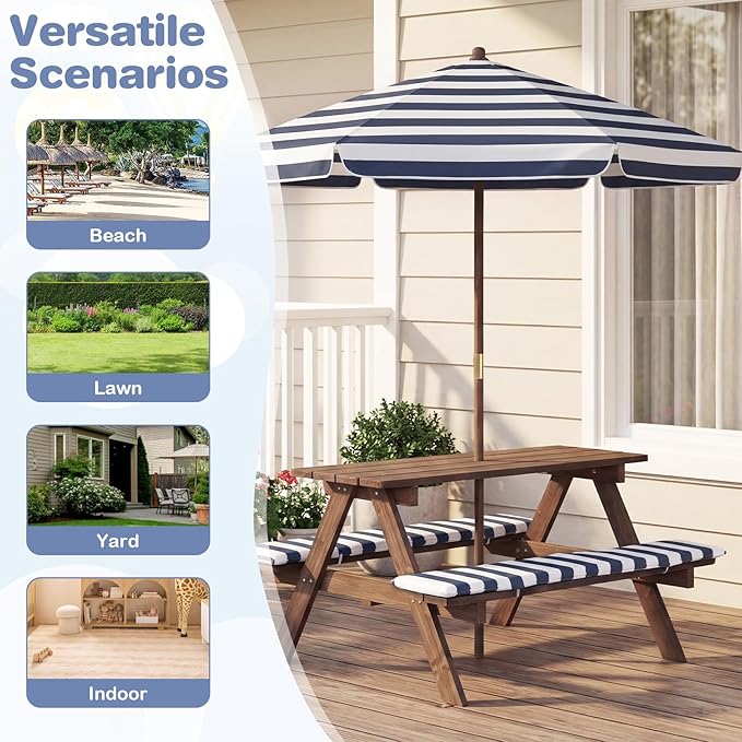 Costzon Kids Picnic Table, Wooden Toddler Outdoor Table & Bench Set with Removable Umbrella & Cushions, Stripe Fabric, Kids Outdoor Furniture for Patio Backyard Garden, Fits 4 Children Age 3+ (Navy)