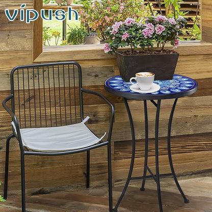 Vipush Mosaic Outdoor Side Table, 14" Round Folding Plant Stand for Patio Garden Backyard Balcony Porch Indoor Accent End Table for Living Room, Ceramic Tabletop with Black Iron, Blue Feather