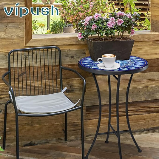 Vipush Mosaic Outdoor Side Table, 14" Round Folding Plant Stand for Patio Garden Backyard Balcony Porch Indoor Accent End Table for Living Room, Ceramic Tabletop with Black Iron, Blue Feather