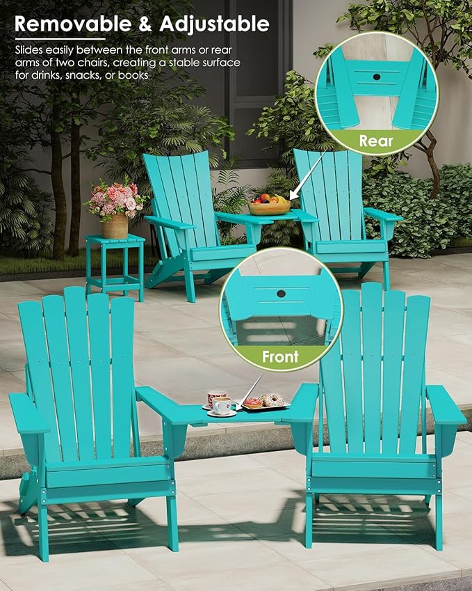 GREENVINES Folding-Adirondack-Chairs-Set-of-2 | HDPE Plastic | Throne Series | Fire Pit Chair | with Connecting Tray | Removable Table | All Weather | for Outdoor Patio Deck Poolside | Aqua
