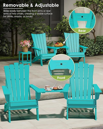 GREENVINES Folding-Adirondack-Chairs-Set-of-2 | HDPE Plastic | Throne Series | Fire Pit Chair | with Connecting Tray | Removable Table | All Weather | for Outdoor Patio Deck Poolside | Aqua