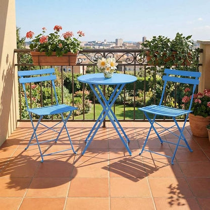 GarveeLife Outdoor Metal Bistro Set, 3-Piece Patio Furniture Set with 2 Chairs and 1 Table, Flat Steel Frame Patio Dining Set for Garden, Balcony, Porch & Backyard,Blue
