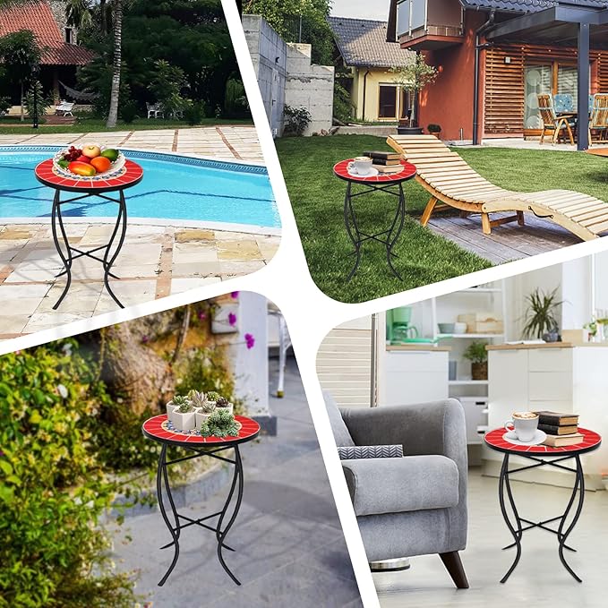 VCUTEKA Mosaic Outdoor Side Table, 14" Round Small Patio Accent Table Indoor End Table for Yard, Garden, Living Room - Photo 6