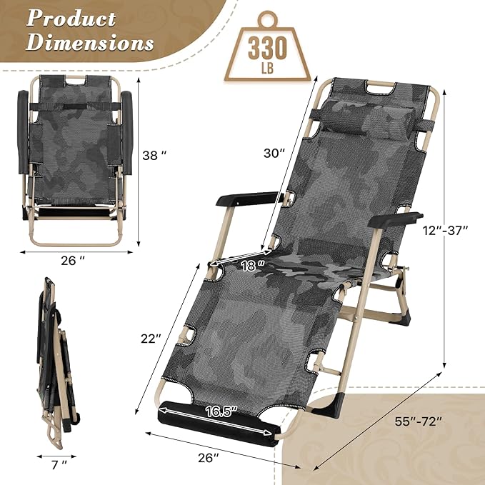 Athena Collection Zero Gravity Outdoor Lounge Chair Set of 2, 26" Width Reclining Pool Lounge Lawn Chairs Recliner with Headrest Foot Pad, Outdoor Chaise for Beach Patio Backyard Outside, Camouflage