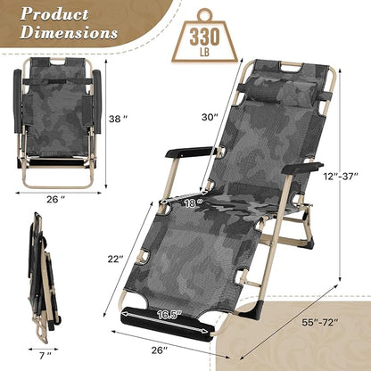 Athena Collection Zero Gravity Outdoor Lounge Chair Set of 2, 26" Width Reclining Pool Lounge Lawn Chairs Recliner with Headrest Foot Pad, Outdoor Chaise for Beach Patio Backyard Outside, Camouflage