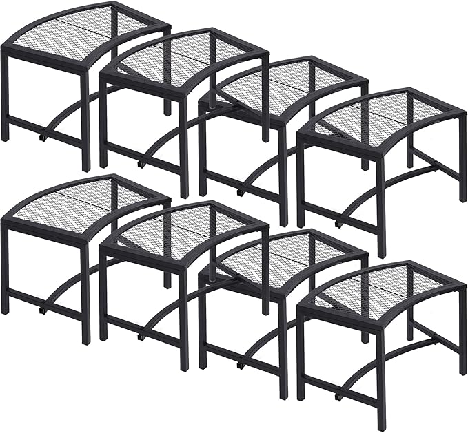 Metal Fire Pit Curved Bench, Backless Powder-Coated Mesh Outdoor Bench, Weatherproof Garden Chair Seating for Firepit Deck Patio Porch Yard, Black, Set of 8