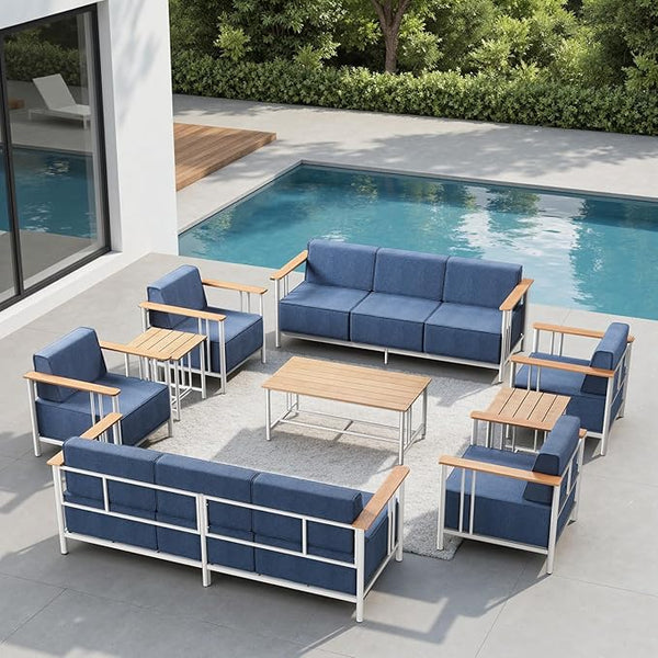 10-inch Thick Cushion Outdoor Furniture Set of 9, Patio Chair Set with Sofa, Wood Grain armrests, trapezoidal backrest - Photo 1