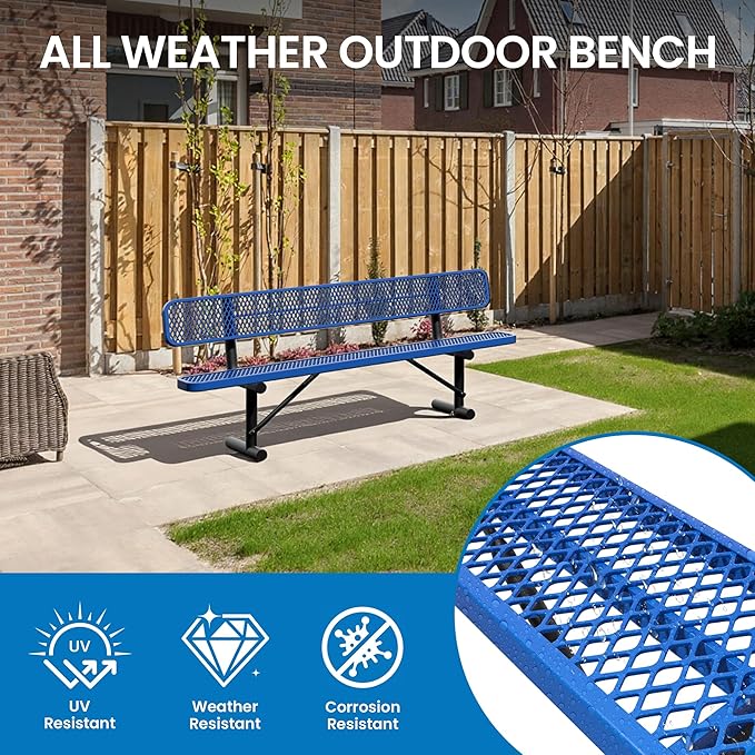8 Feet Steel Park Bench for Outside, Outdoor Bench with Backrest & Portable Frame, Commercial Benches for Shopping Malls, Stores, Parks, Patios, Decks, Dark Blue
