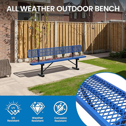 8 Feet Steel Park Bench for Outside, Outdoor Bench with Backrest & Portable Frame, Commercial Benches for Shopping Malls, Stores, Parks, Patios, Decks, Dark Blue