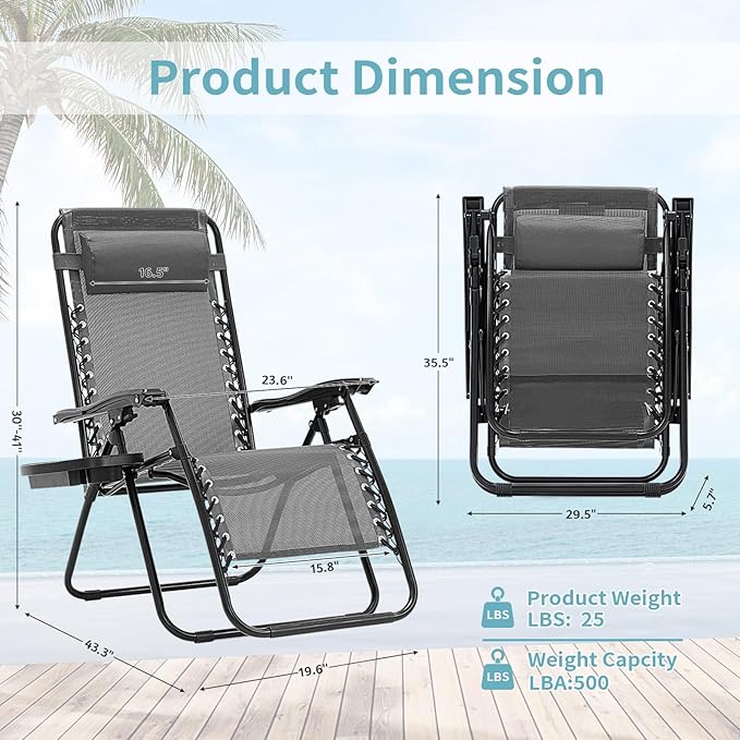 Zero Gravity Chair Set of 2, Folding Reclining zero gravity recliner lounge Chair 330lbs with Pillow and Cup Holder - Photo 2