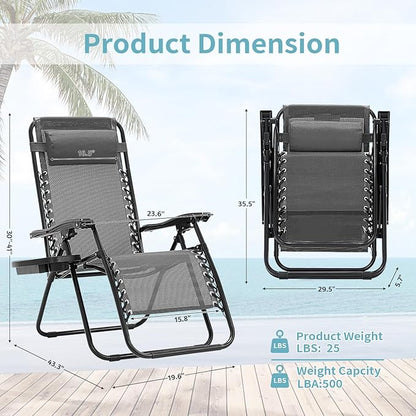 Zero Gravity Chair Set of 2, Folding Reclining zero gravity recliner lounge Chair 330lbs with Pillow and Cup Holder Trays, Steel Mesh outdoor recliners for patio Poolside Backyard Beach (Ice Gray)