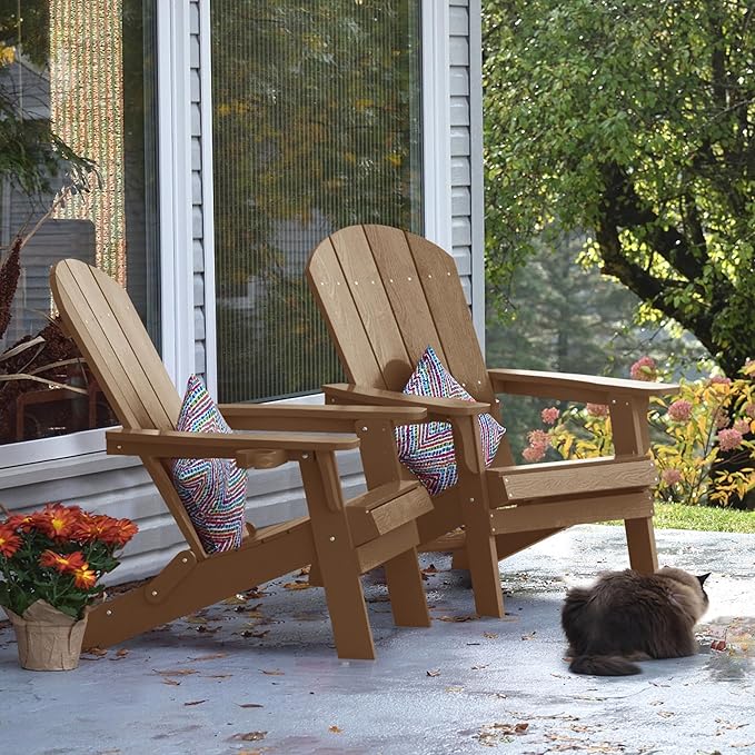 YEFU Adirondack Chair, Foldable Oversized Plastic Adirondack Chair Set of 4 with Cup Holder, Patio Chair with Weather Resistant for Outside Deck Lawn, Weight Capacity Up to 400 Lbs –Teak