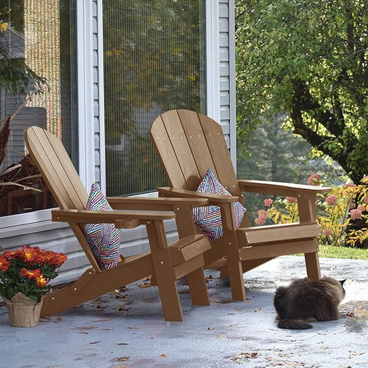 YEFU Adirondack Chair, Foldable Oversized Plastic Adirondack Chair Set of 4 with Cup Holder, Patio Chair with Weather Resistant for Outside Deck Lawn, Weight Capacity Up to 400 Lbs –Teak