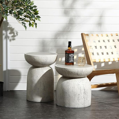 LuxenHome Rustic Outdoor Side Table, 16'' Concrete Small End Tables, Off White and Gray Weathered Accent Table for Patio, Indoor, Poolside, Backyard, Outside, Decorative Garden Stool, Plant Stand