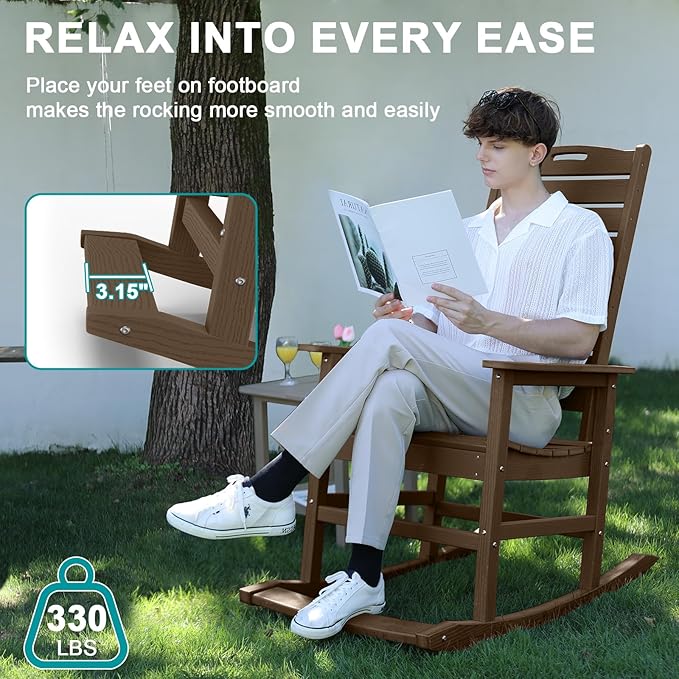 PLUUV Outdoor Rocking Chair with Removable Footboard for Adults, HDPE High Back Patio Rocking Chairs, 330lbs All Weather Porch Rocking Chairs for Outdoor & Indoor -Brown