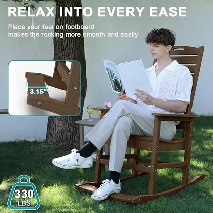 PLUUV Outdoor Rocking Chair with Removable Footboard for Adults, HDPE High Back Patio Rocking Chairs, 330lbs All Weather Porch Rocking Chairs for Outdoor & Indoor -Brown