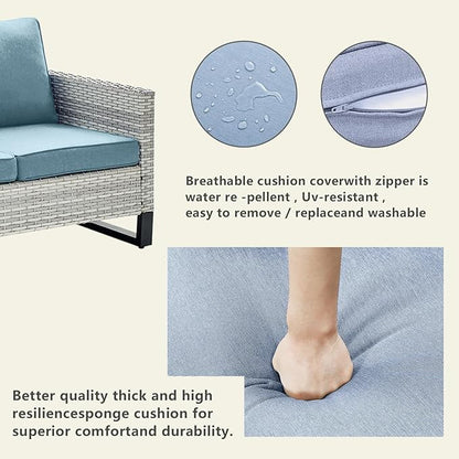 Rilyson Wicker Outdoor Patio Furniture Set - 7 Piece Patio Conversation Set with 4 Swivel Rocker Chairs,2 Rattan Ottoman and 1 Couch for Outside Porch Deck Backyard(Light Grey/Sky Blue)