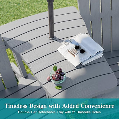 JY QAQA Outdoor Adirondack Chair Set of 2, All-Weather HDPE Patio Furniture with Detachable Table, Wood Texture & Cup Holder for Patio, Poolside, Garden, Light Grey