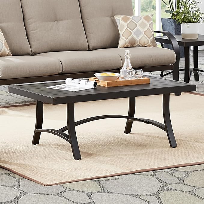 Ulax furniture Outdoor Coffee Table, Rectangle Metal Slat Table, Black