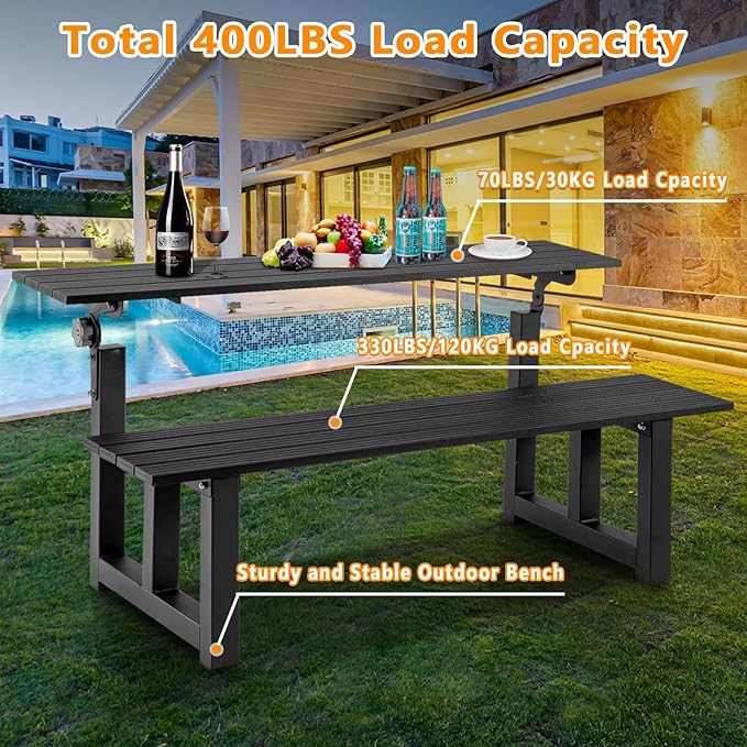 TECSPACE 47 Inches Aluminum Picnic Table Bench Black, Covertible Outdoor Bench with 400 LBS Weight Capacity for Park, Garden and Patio