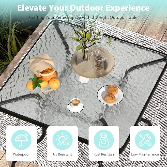 MKDLUFEI 32 Inch Umbrella Table with Hole, Outdoor Square Patio Table with Tempered Glass Top, for Balcony, Backyard - Photo 7