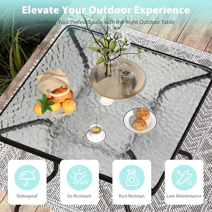 MKDLUFEI 32 Inch Umbrella Table with Hole, Outdoor Square Patio Table with Tempered Glass Top, for Balcony, Backyard, Poolside, Black