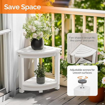 VINGLI Outdoor Side Table, HDPE Space-Saving Patio Side Table Corner Table Shower Bench, Waterproof 2-Tier Patio End Tables for Balcony Garden Deck (White)