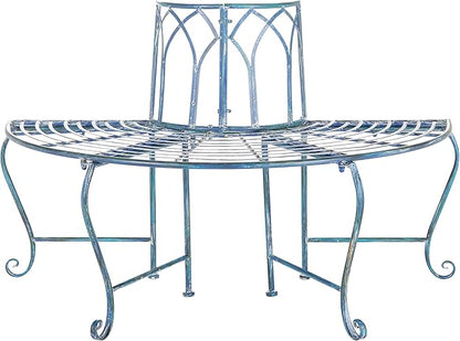 SAFAVIEH Outdoor Furniture Collection – Abia Antique Blue Distressed Wrought Iron 50-Inch Curved Tree Bench, Garden & Patio Seating (PAT5018C)