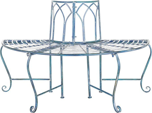 SAFAVIEH Outdoor Furniture Collection – Abia Antique Blue Distressed Wrought Iron 50-Inch Curved Tree Bench, Garden & Patio Seating (PAT5018C)