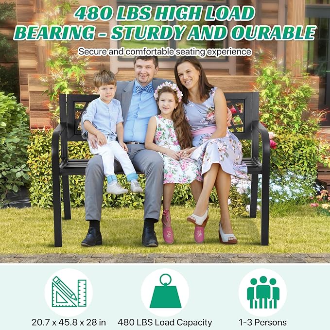 Dkeli Patio Outdoor Bench Park Metal Sturdy Cast Iron Garden Benches Porch Chair Seat Furniture with Armrests 480BLS Bearing Capacity for Park Yard Deck Entryway, Black