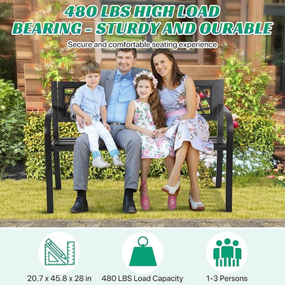 Dkeli Patio Outdoor Bench Park Metal Sturdy Cast Iron Garden Benches Porch Chair Seat Furniture with Armrests 480BLS Bearing Capacity for Park Yard Deck Entryway, Black