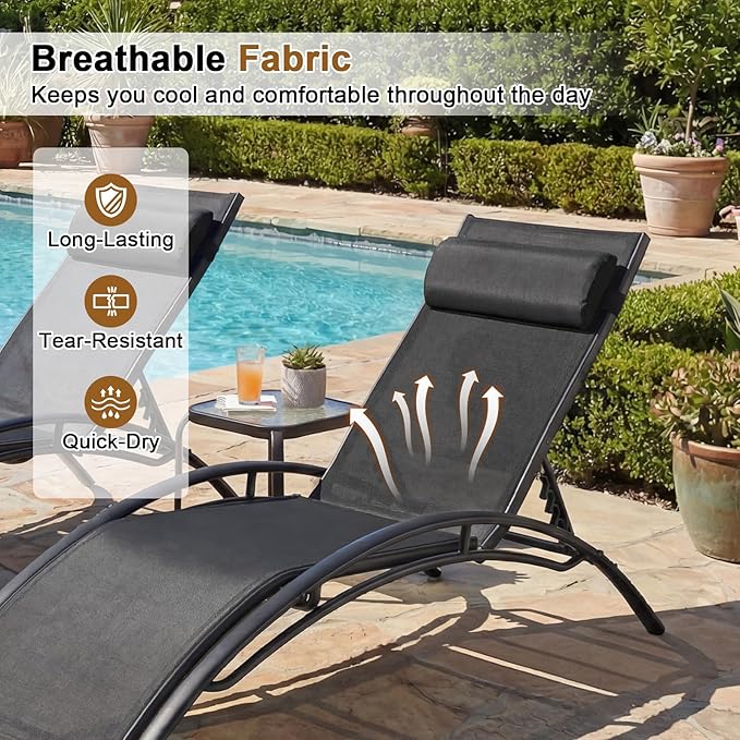 Tangkula Lounge Chairs Outdoor Set of 2, Heavy-Duty Patio Chaise Lounges with 5-Position Backrest & Breathable Seat Fabric, Outside Beach Pool Sunbathing Recliner for Backyard, Poolside (Black)