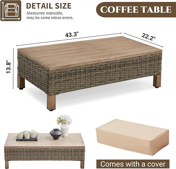Outdoor PE Wicker Coffee Table with Metal Top, 43.3" Hand Woven Rattan Patio Table for Conversation Set - Photo 5