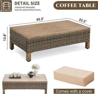 Outdoor PE Wicker Coffee Table with Metal Top, 43.3" Hand Woven Rattan Patio Table for Conversation Set, Outdoor Table for Poolside, Garden, Porch